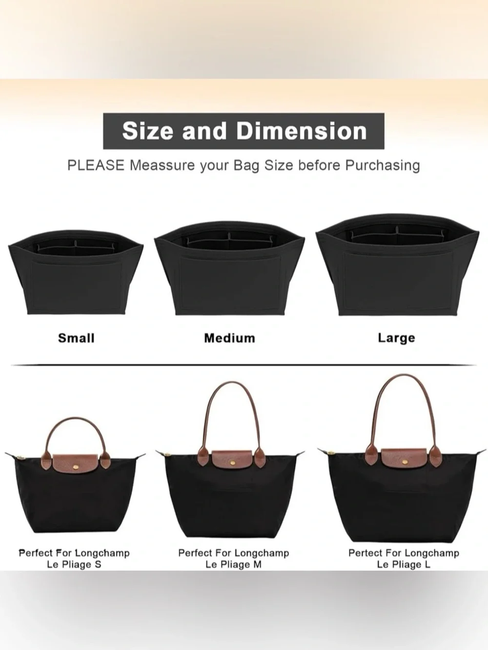 Felt Purse Organizer Insert for Longchamp Le Pliage Handbag Size M in Black NWT